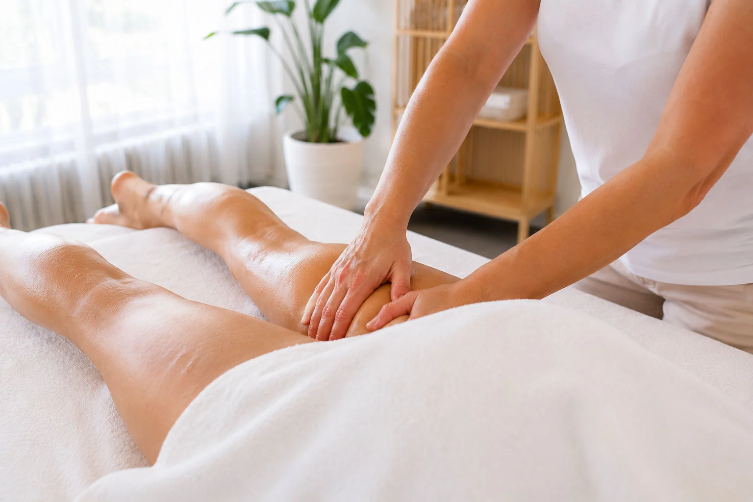 Sanfte manuelle Lymphdrainage am Bein in der Praxis Wohlen